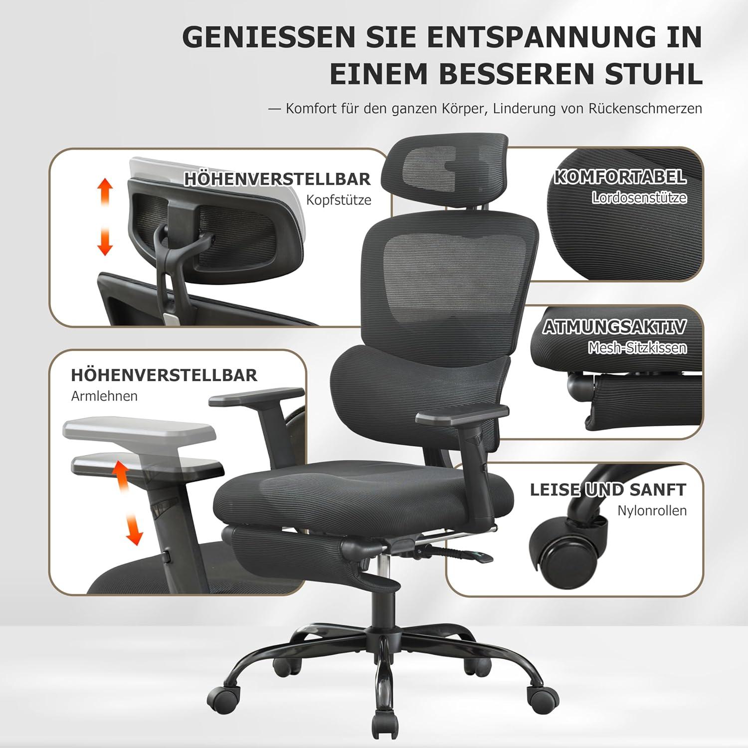 Ergonomischer Bürostuhl mit Fußstütze Schwarz Lordosenstütze