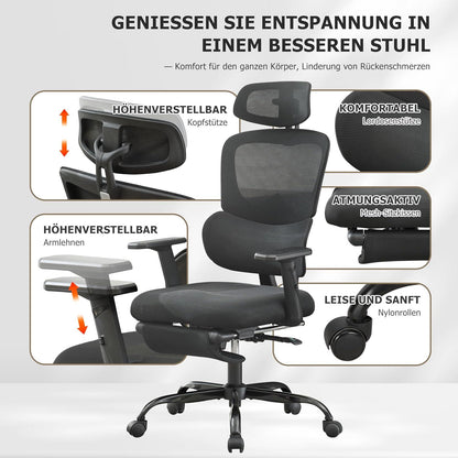 Ergonomischer Bürostuhl mit Fußstütze Schwarz Lordosenstütze