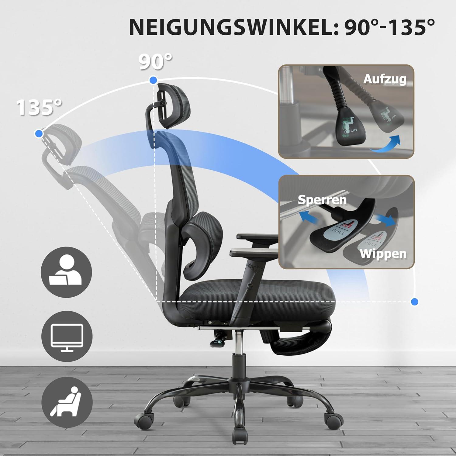 Ergonomischer Bürostuhl mit Fußstütze und Kopfstütze, Schwarz 135° neigbar