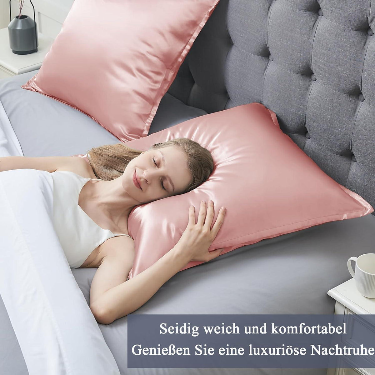 2er Set Satin Kissenbezüge 80x80 mit Reißverschluss, Peach Rosa