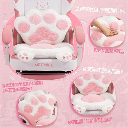 Gaming Stuhl mit Katzenohren, Velour, Fußstütze & Lendenkissen, Rosa
