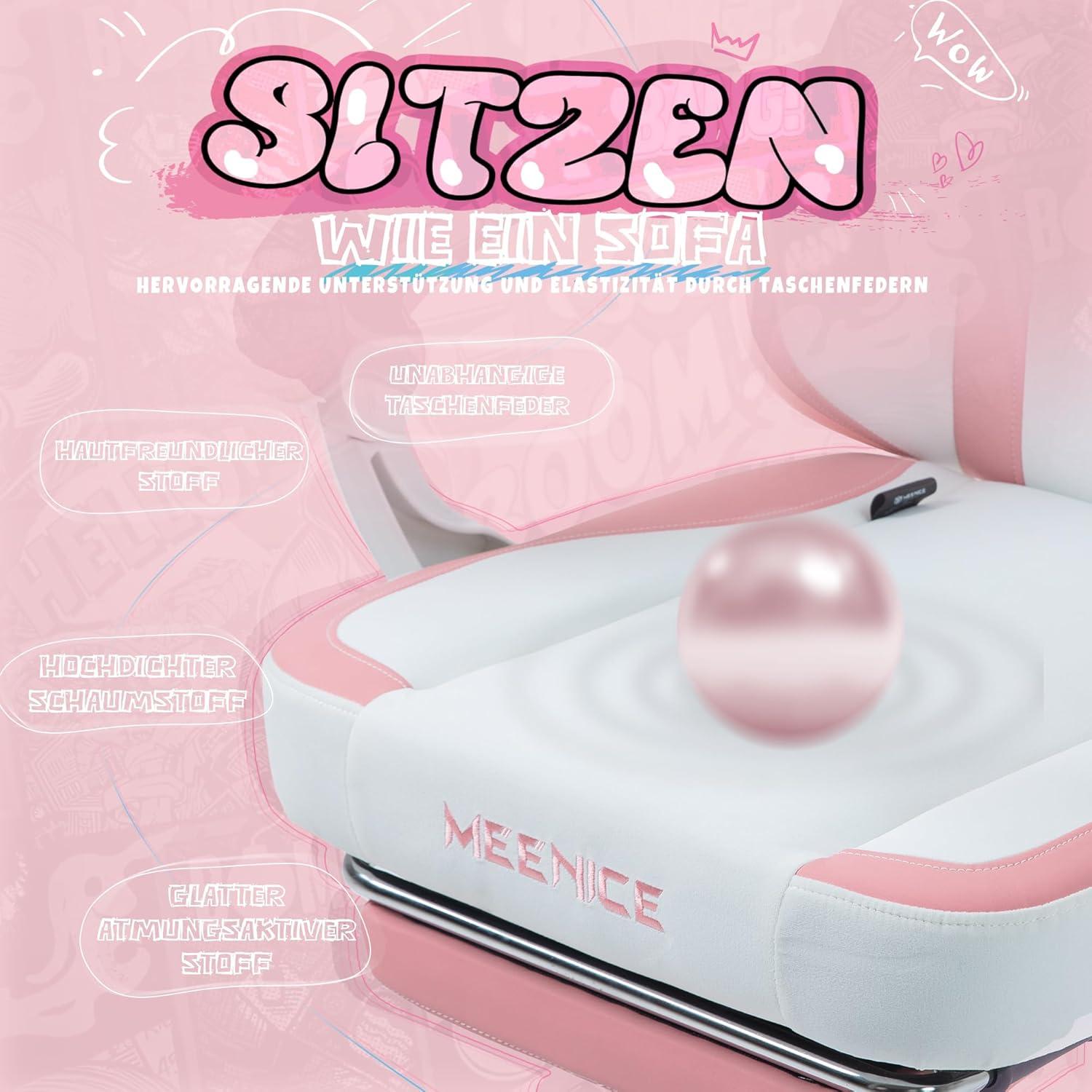 Gaming Stuhl in Pink mit Katzenpfote Lendenkissen und Katzenohren, Ergonomischer PC-Spiel Stuhl für Mädchen, Teenager, Kinder