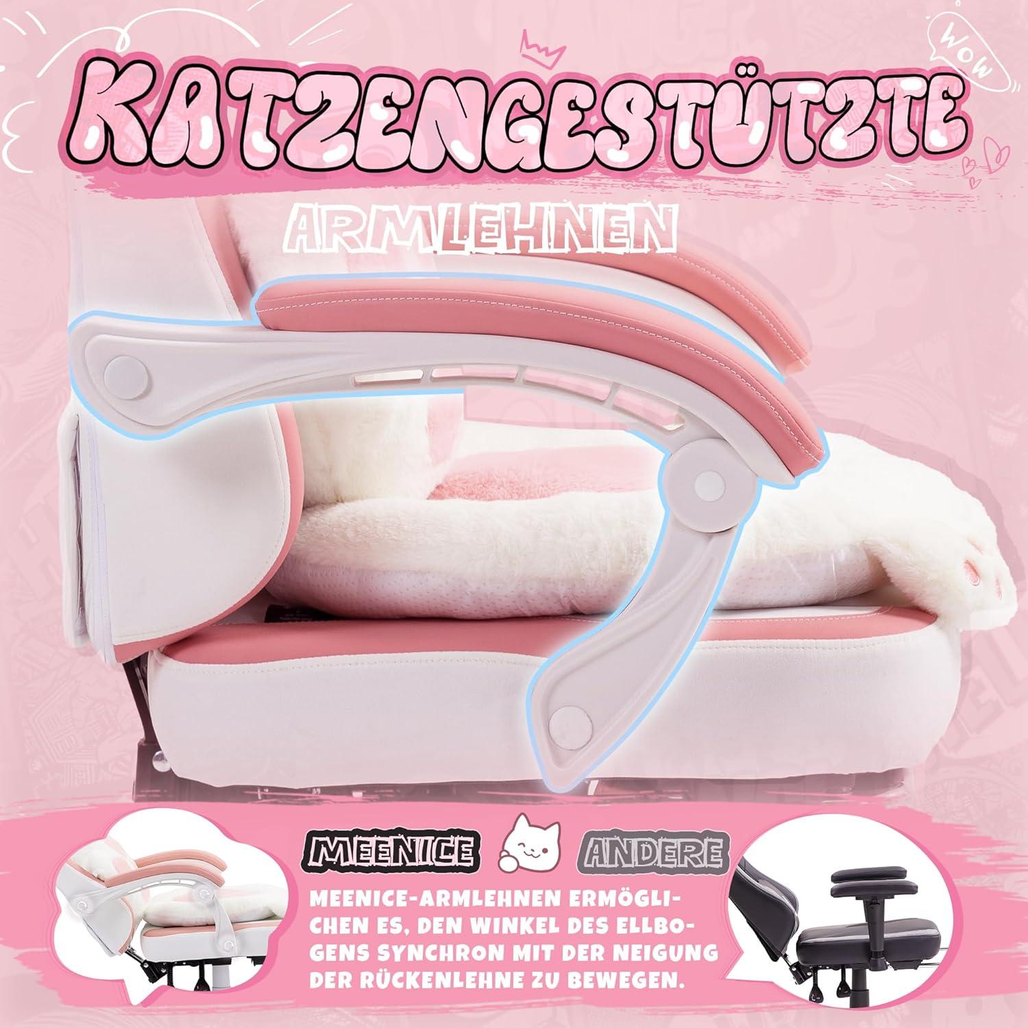 MEENICE Ergonomischer Gaming Stuhl Pink mit Katzenpfote & Lendenkissen