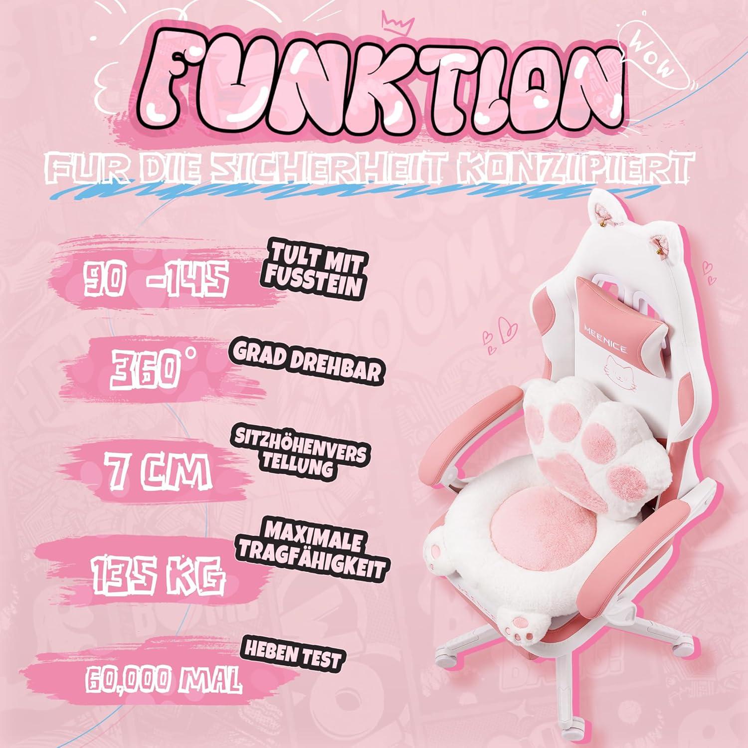 Gaming Stuhl Pink mit Katzenpfote Lendenkissen und Katzenohren, Velour