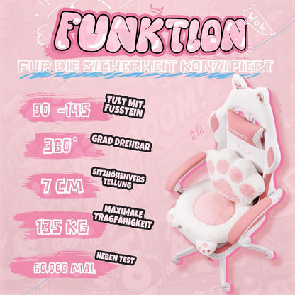 Gaming Stuhl Pink mit Katzenpfote Lendenkissen und Katzenohren, Velour