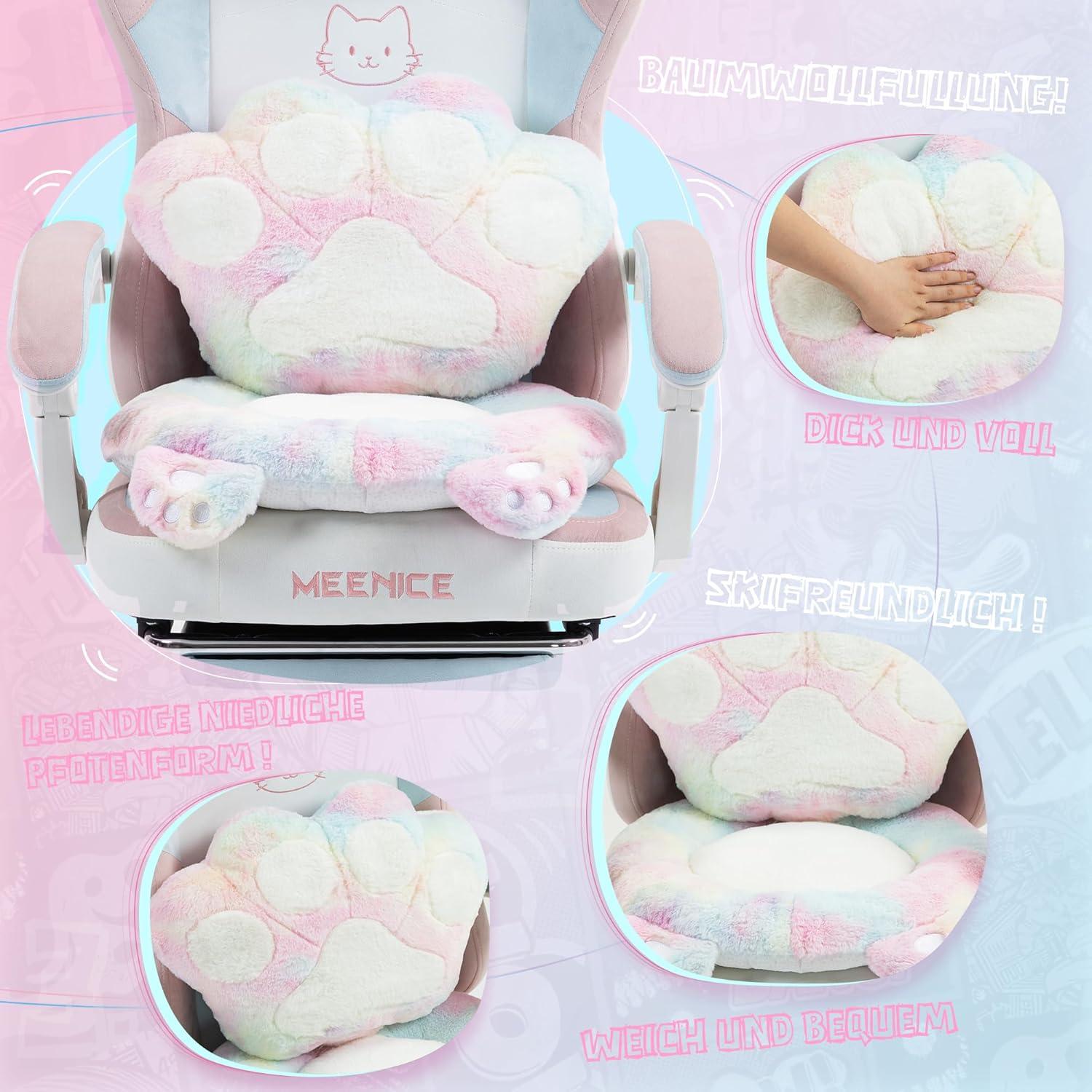 Cute Gaming Stuhl mit Katzenpfote Lendenkissen und Katzenohren, Velour