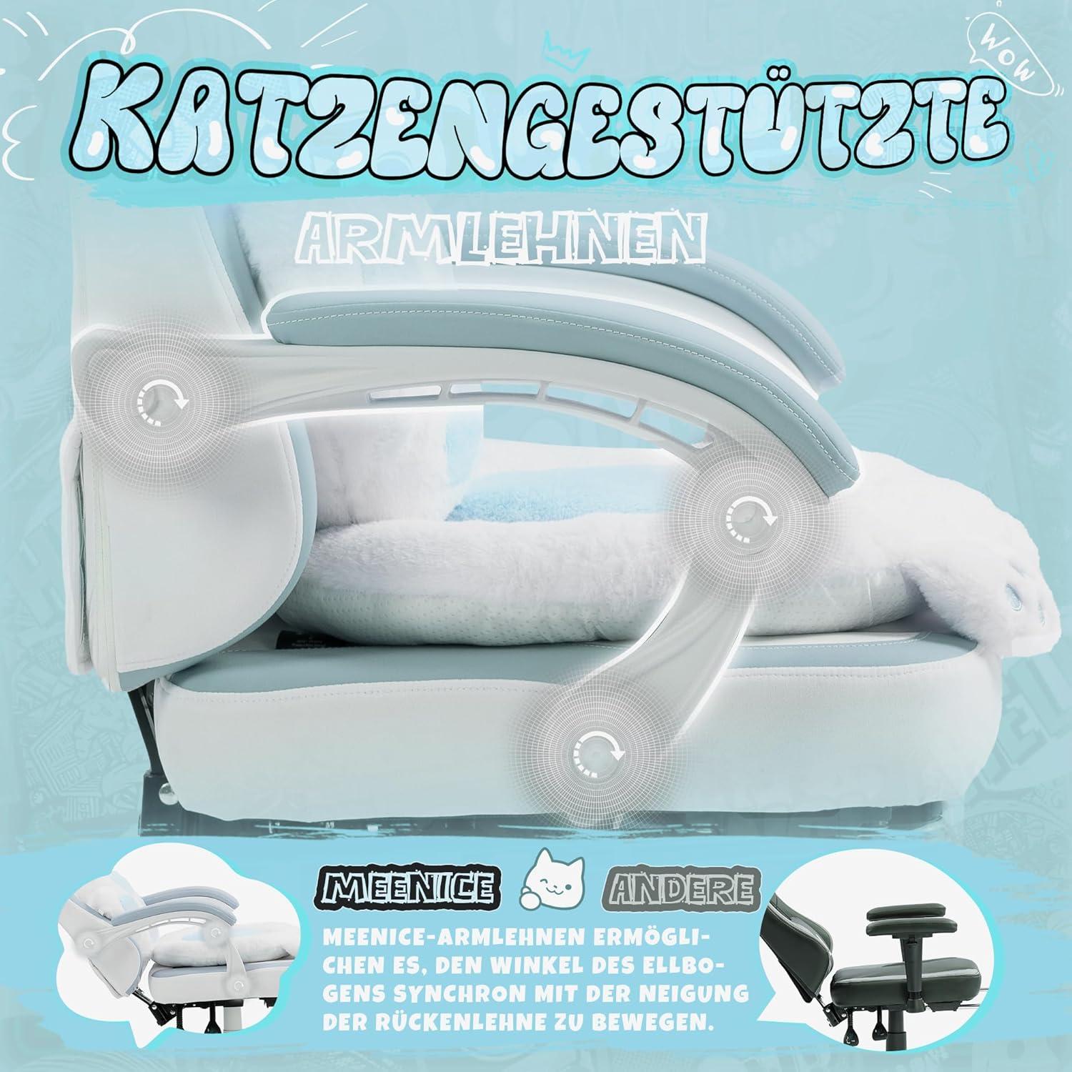 Cute Gaming Stuhl Katzenpfote Lendenkissen Katzenohren Fußstütze Blau