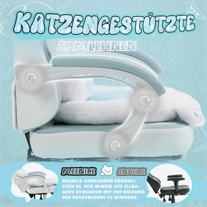 Cute Gaming Stuhl Katzenpfote Lendenkissen Katzenohren Fußstütze Blau