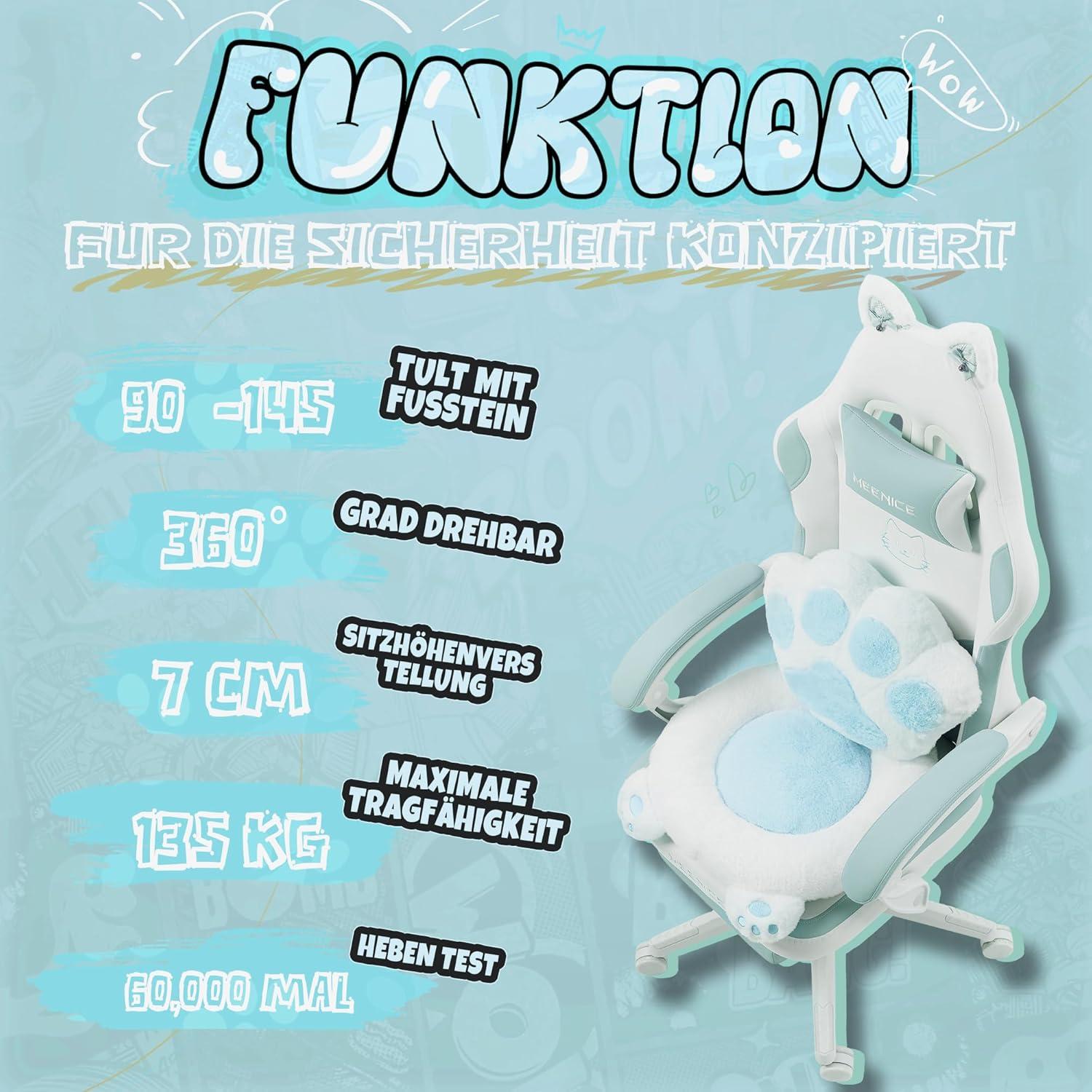 MEENICE Cute Gaming Stuhl mit Katzenpfote Lendenkissen und