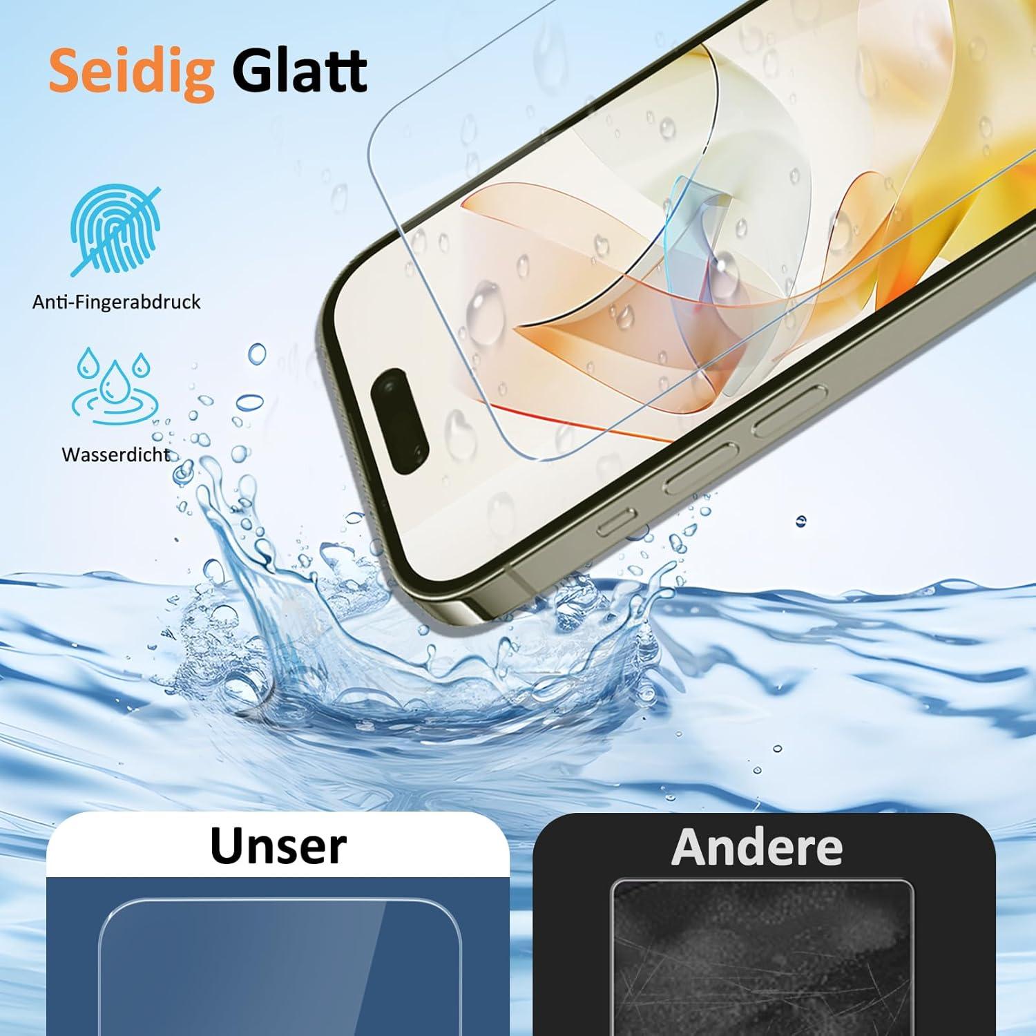 iPhone 15 Pro Panzerglas Displayschutz 2 Stück 9H Härte Ultra klar