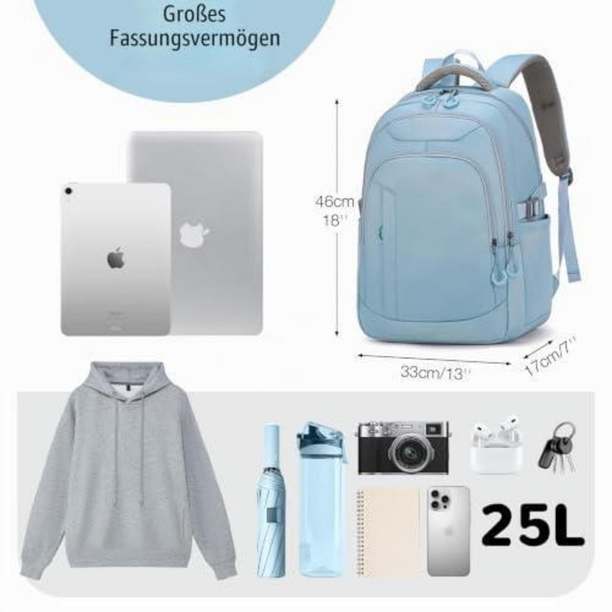 Laptop Rucksack Damen 15.6 Zoll – Babyblau, Schulrucksack Teenager