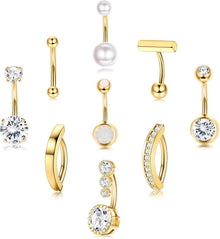 Bauchnabelpiercing Set 9stk Gold Silber CZ Opal Perle 14G Stablänge