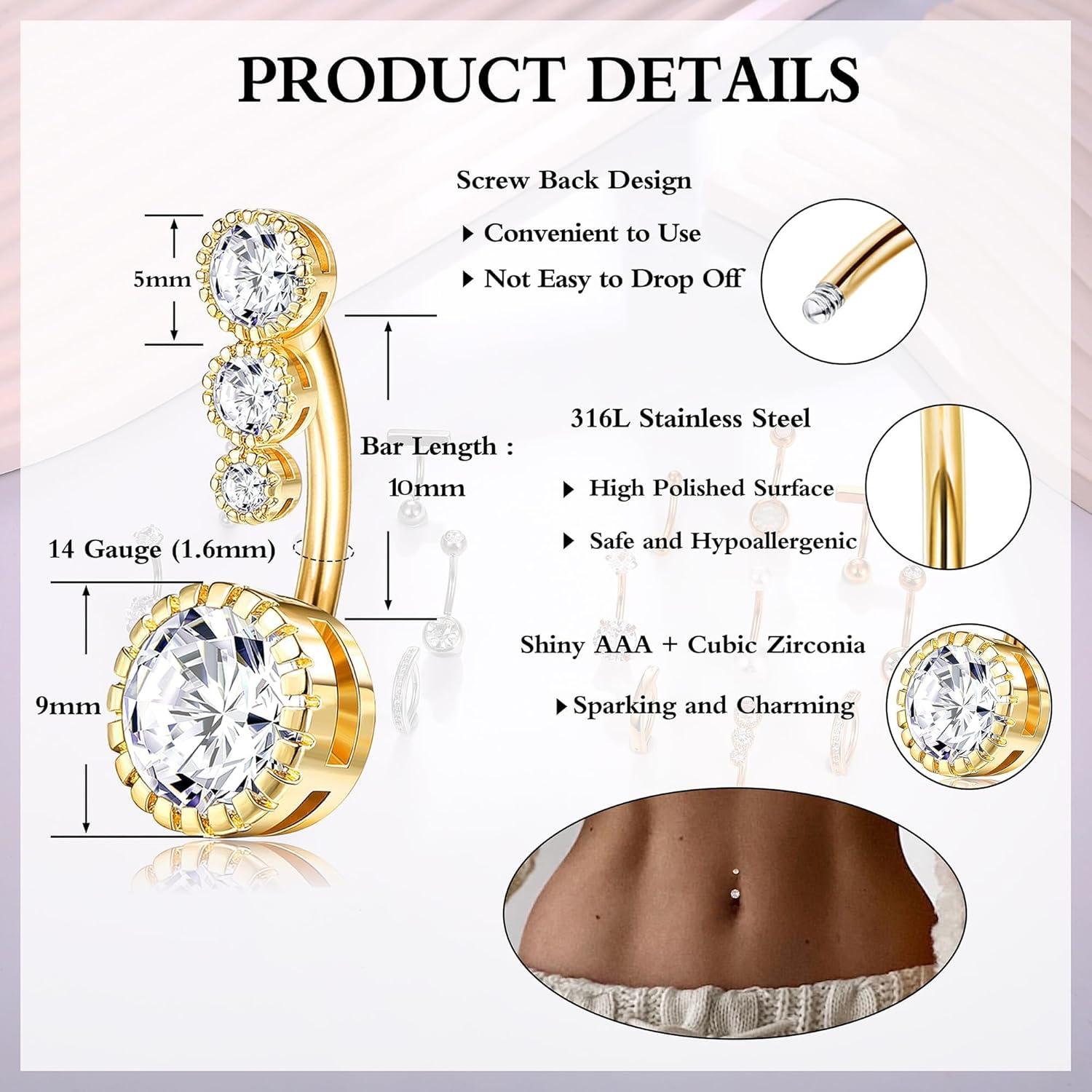 Bauchnabelpiercing Set 9stk Gold Silber CZ Opal Perle 14G