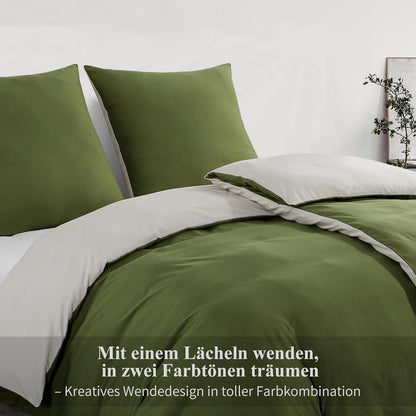 Bettwäsche-Set 135x200 4tlg. Olivgrün/Beige Wendebettwäsche Mikrofaser