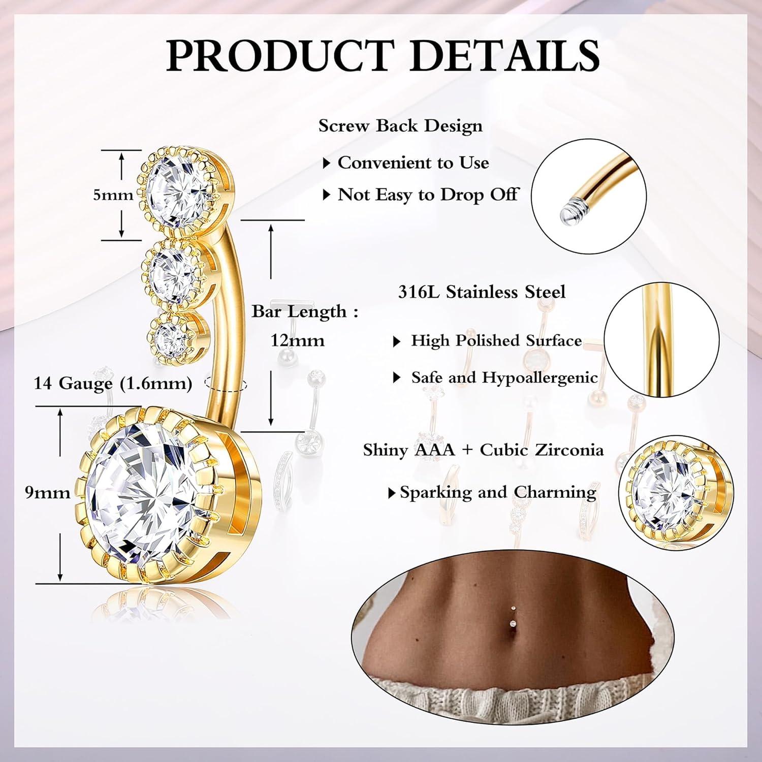 Bauchnabelpiercing Set 9stk Gold Silber Opal Perle CZ 14G
