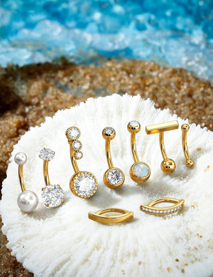 Bauchnabelpiercing Set 9stk Gold Silber CZ Opal Perle 14G