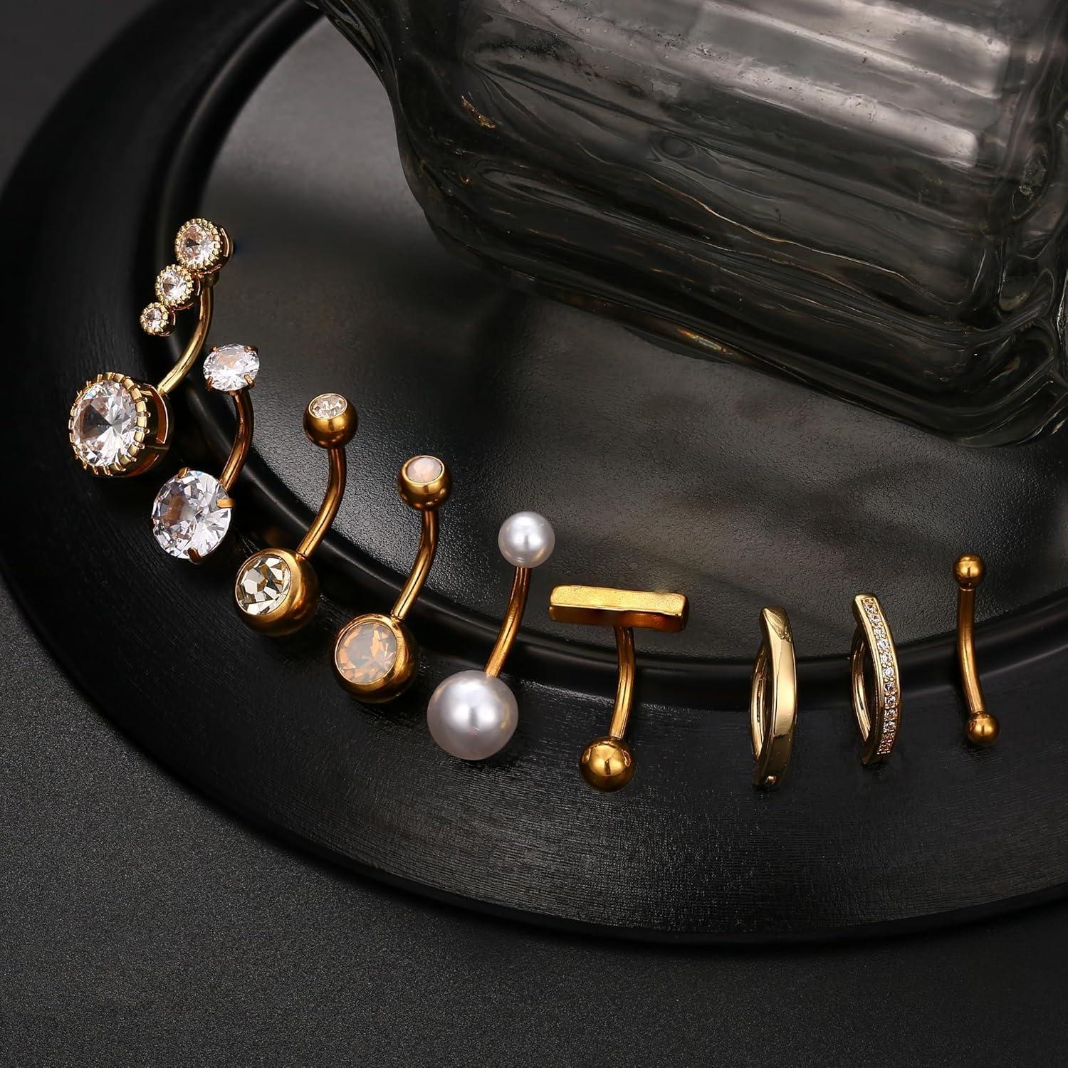 Bauchnabelpiercing Set 9stk Gold Silber CZ Opal Perle 14G 10/12mm