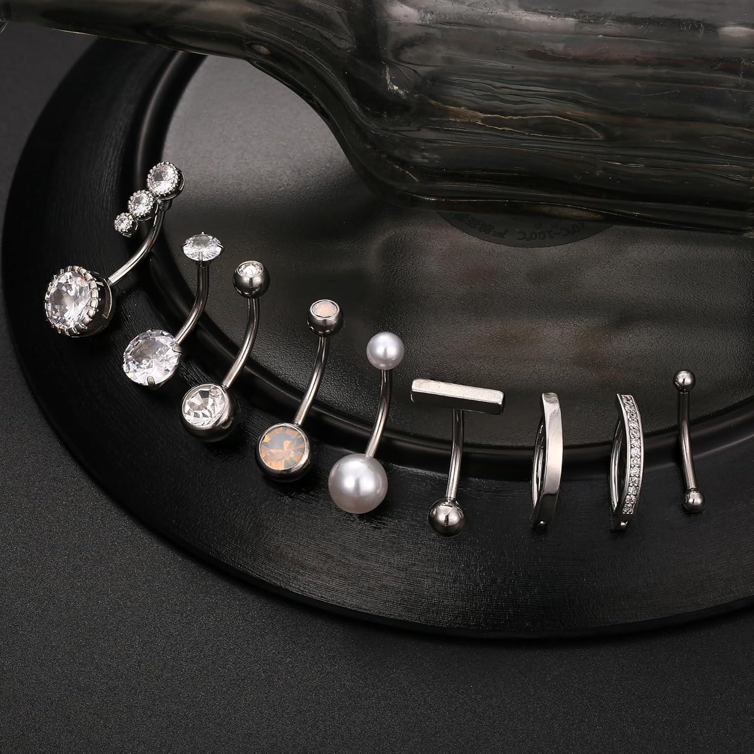 9er Set Bauchnabelpiercing Chirurgenstahl Gold Silber Opal CZ Perle 14G 10/12mm
