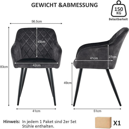CLIPOP Esszimmerstühle 6er Set Samt Kohlenstoffgrau mit Armlehne