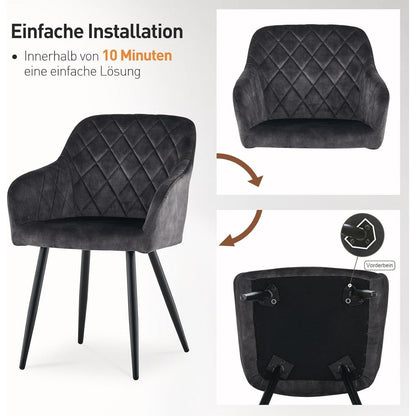 CLIPOP Esszimmerstühle 6er Set Samt Kohlenstoffgrau mit Armlehne