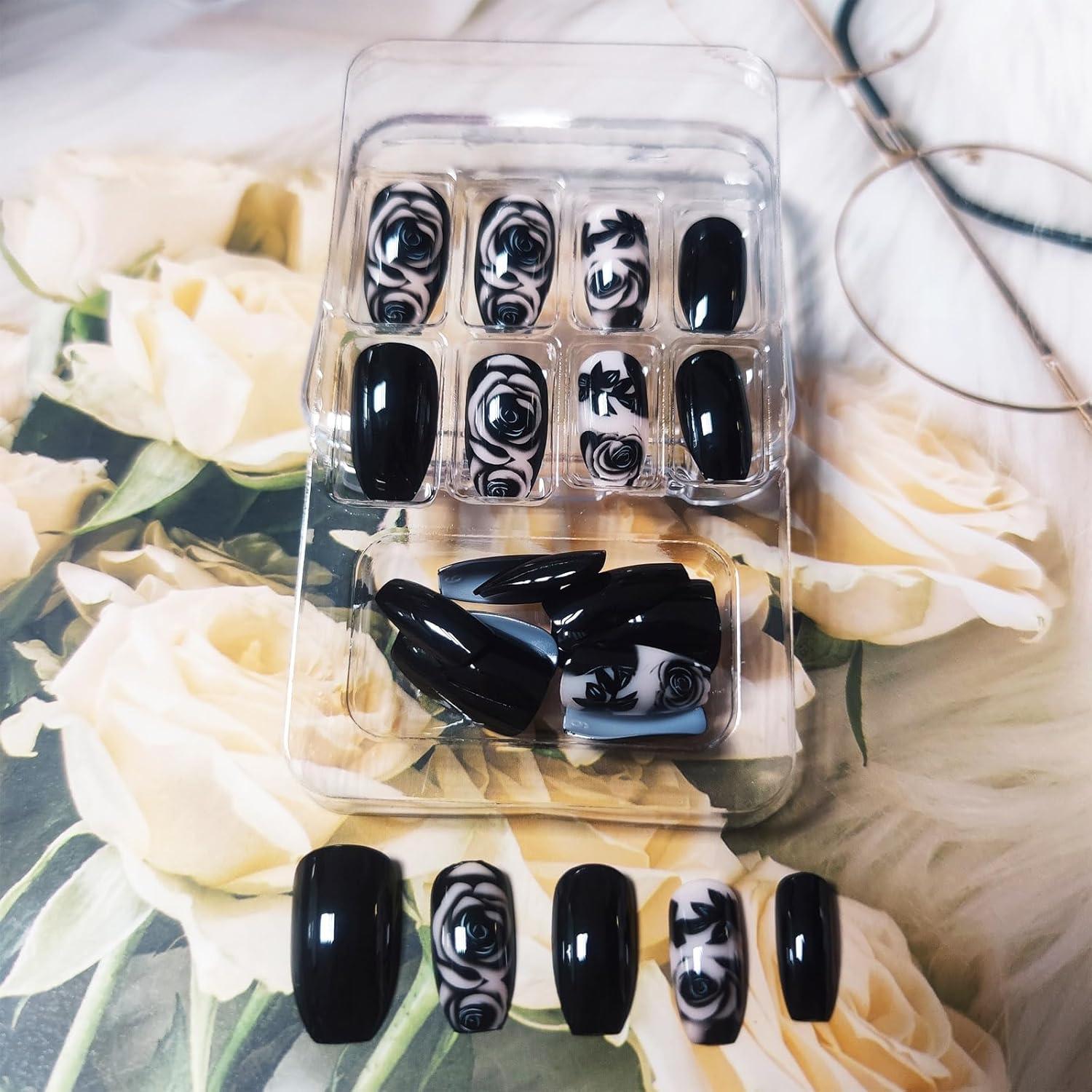 24 Stück Schwarze Rosen Press On Nägel Mittellang Glänzend Acryl Künstliche Nägel Gel Kleber