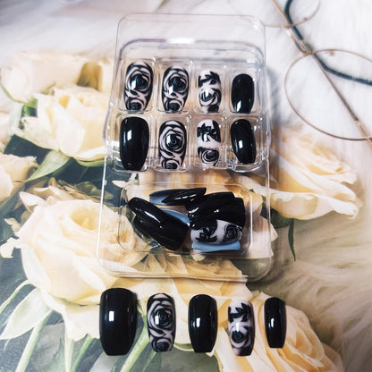 24 Stück Schwarze Rosen Press On Nägel Mittellang Glänzend Acryl Künstliche Nägel Gel Kleber