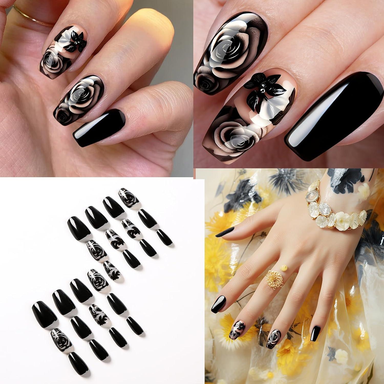 24 Stück Schwarze Rosen Press On Nägel Mittlere Länge Glänzend Acryl Gel Kleber