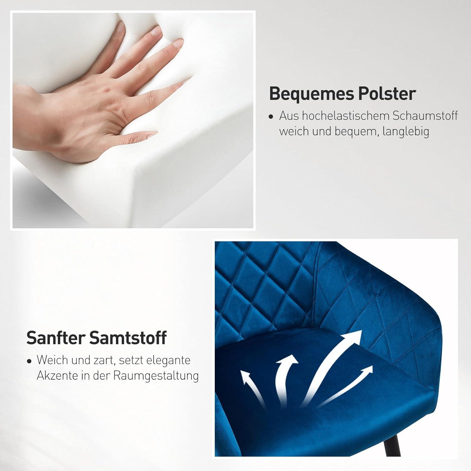 Esszimmerstühle 6er Set Samt Bezug Armlehne Metallbeine Blau