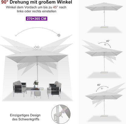 PURPLE LEAF Sonnenschirm 360x270cm Twist Kurbel Gartenschirm Weiß Alu Rahmen