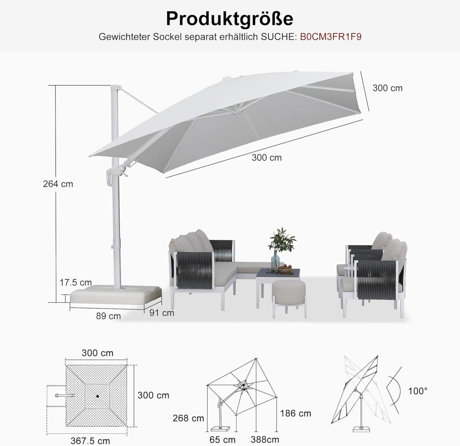 Sonnenschirm 300x300cm Twist Ampelschirm Kurbel Weiß Aluminium