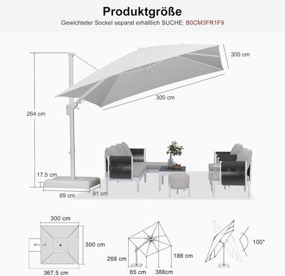 Sonnenschirm 300x300cm Twist Ampelschirm Kurbel Weiß Aluminium