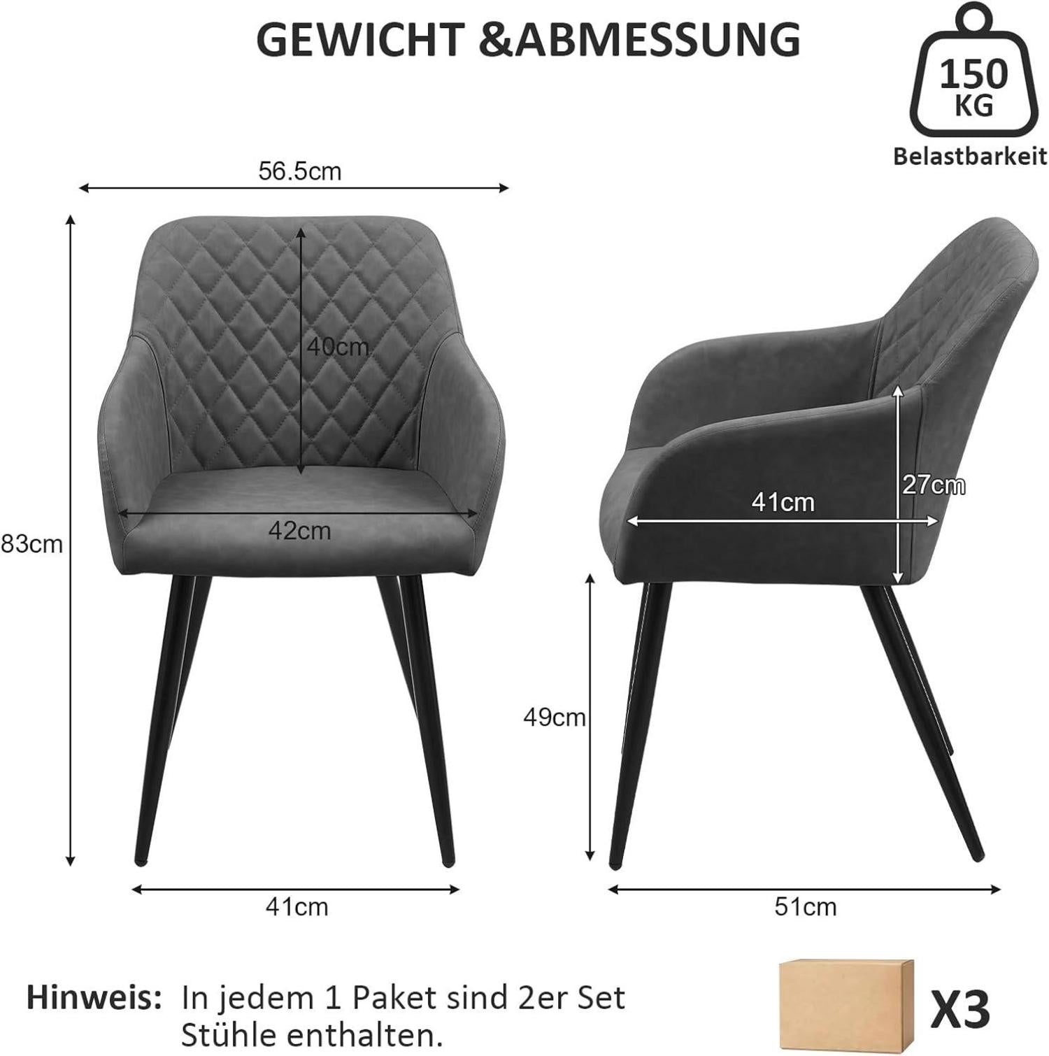 Esszimmerstühle 6er Set Kunstleder Armlehne Metallbeine Polsterstuhl