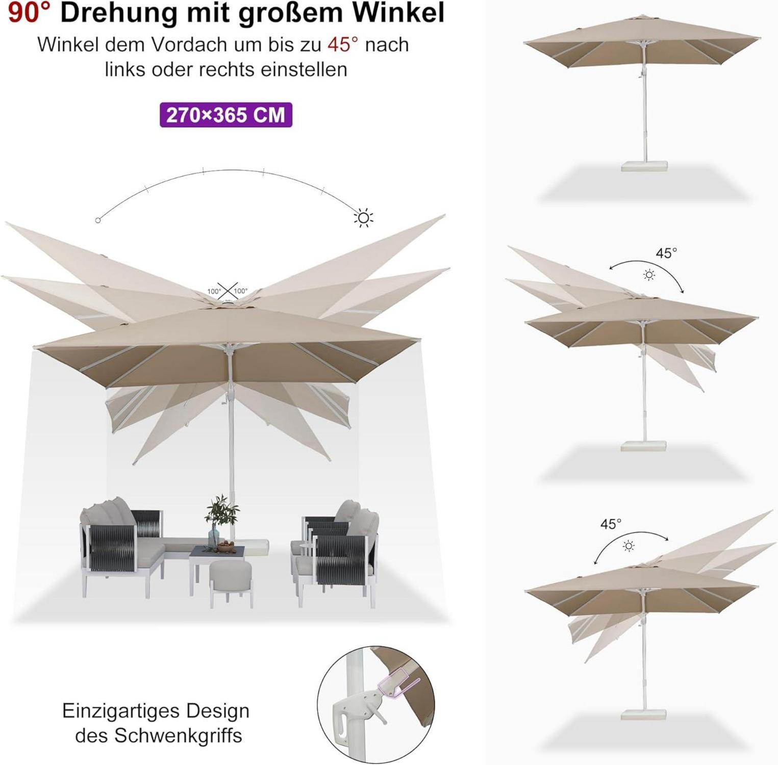 PURPLE LEAF Sonnenschirm 360x270 cm Twist Gartenschirm Weiß Alu 360° Rotation