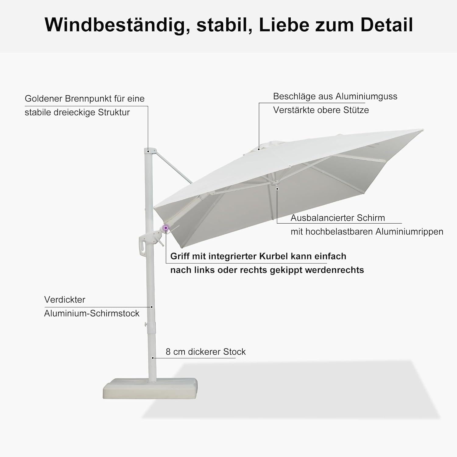 Sonnen- & Gartenschirm 350x250cm Weiß Alurahmen Twist-Kurbel