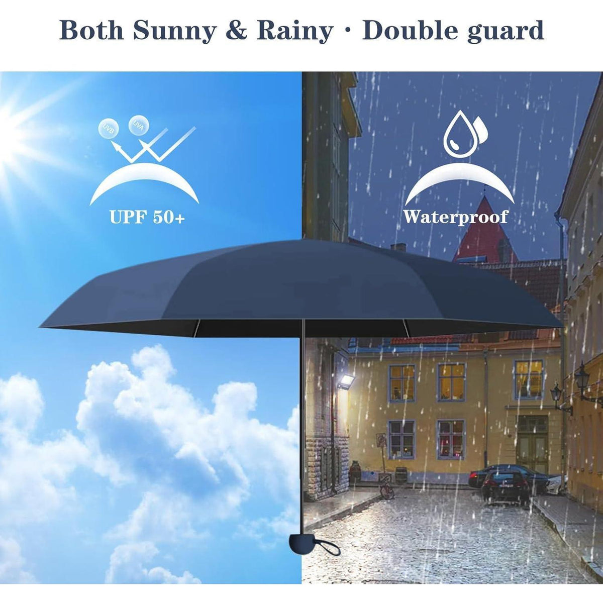 Kompakter Regenschirm mit UV-Schutz, königsblau