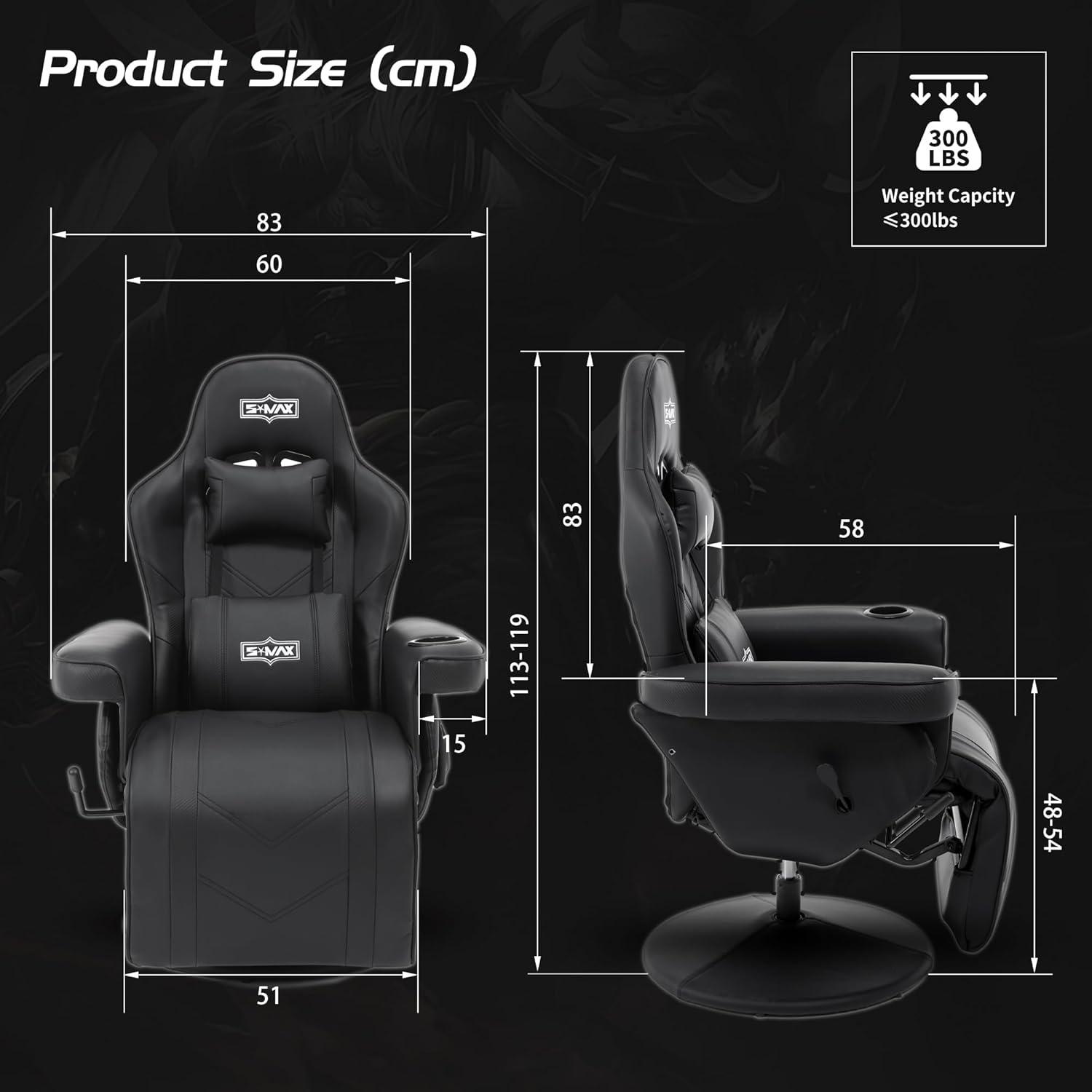 Gaming Stuhl Sessel mit Fußstütze Schwarz Becherhalter und