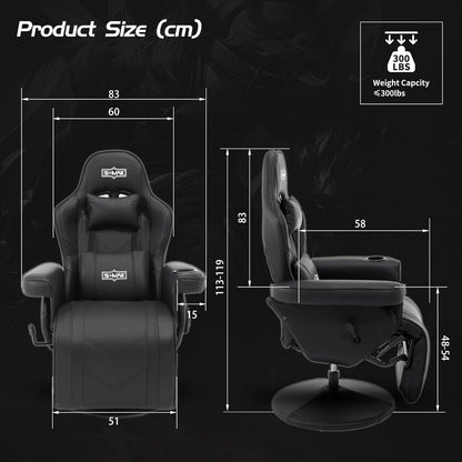 Gaming Stuhl Sessel mit Fußstütze Schwarz Becherhalter und