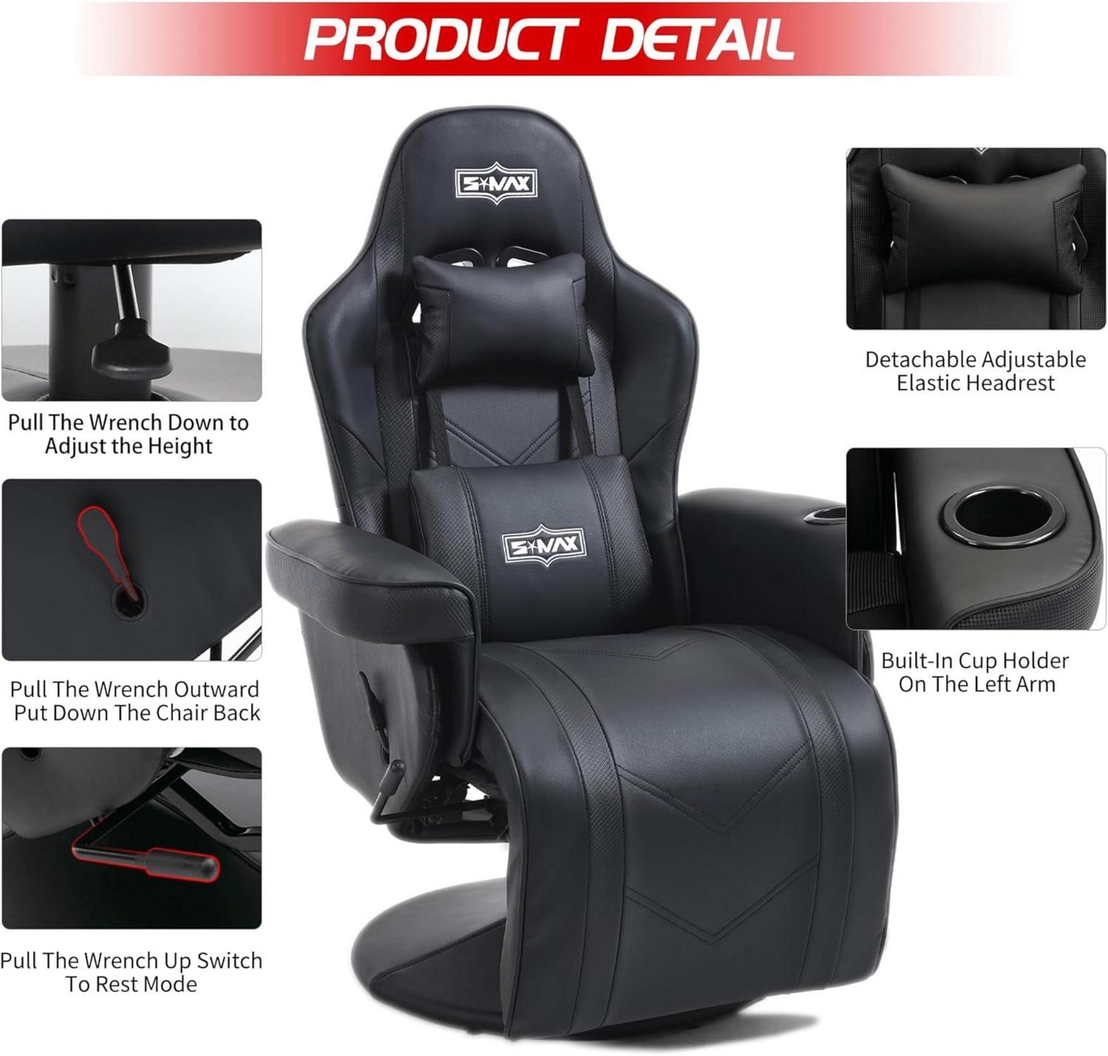Gaming Stuhl S*MAX Schwarz X Large Fußstütze Becherhalter