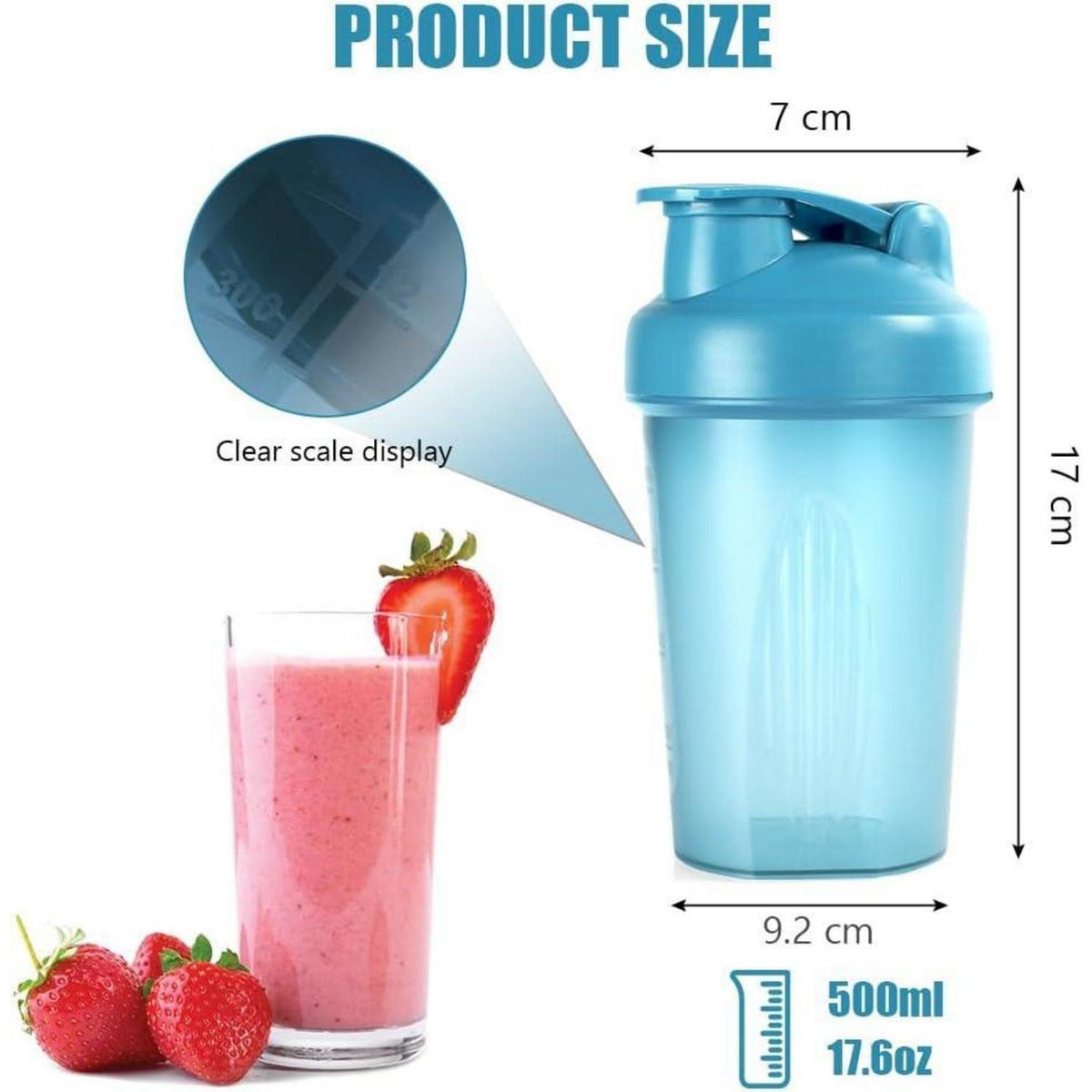 Protein Shaker 500ml mit Messskala, BPA Frei, Blau+Rosa