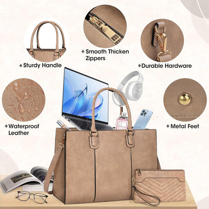 Damen Handtasche 15,6 Zoll Shopper Groß Arbeitstasche Tote mit Clutch PU Leder