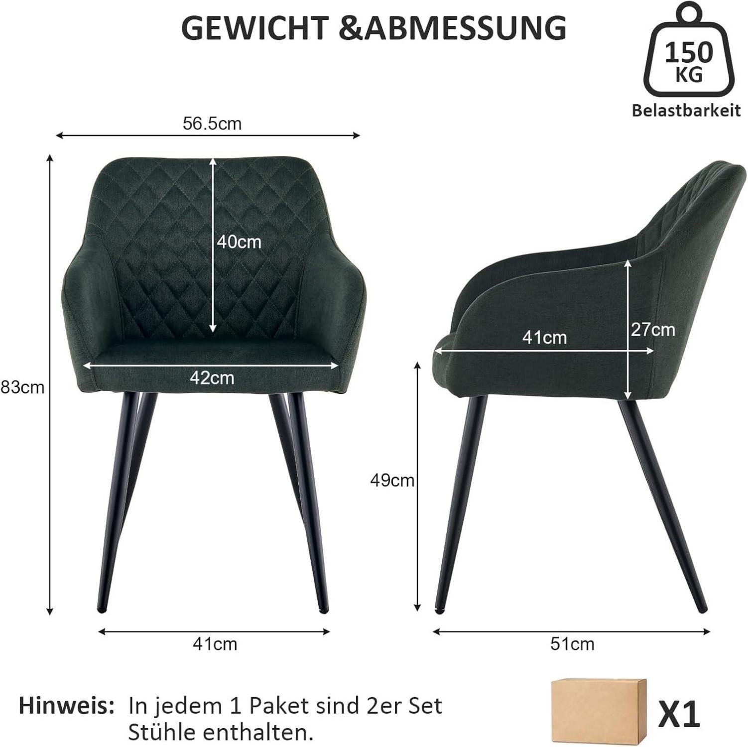 Esszimmerstühle 2er Set Leinen Bezug Armlehne Metallbeine Waldgrün