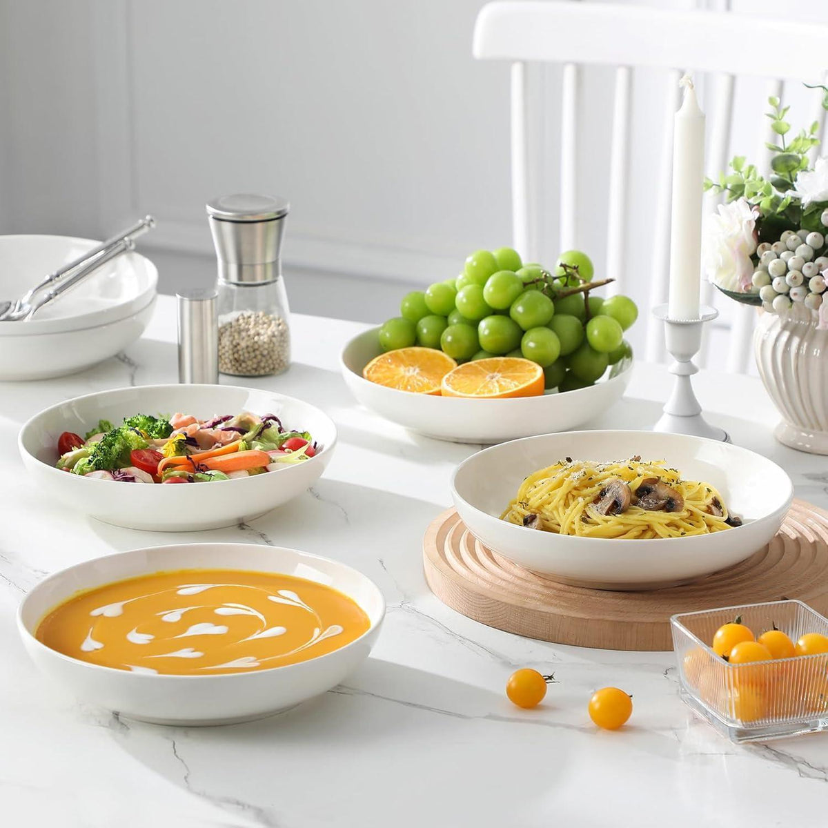 6er Set Tiefe Teller 1250ml Cremeweiß Porzellan für Pasta & Suppe