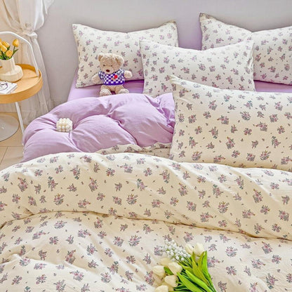 Bettwäsche Set 135x200 Weiß Lila Blumen Bettbezug & Kissenbezug