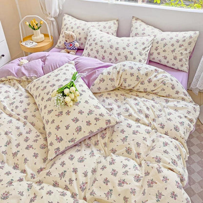 Bettwäsche Set 135x200 Weiß Lila Blumen Bettbezug & Kissenbezug