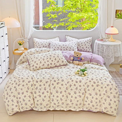 Bettwäsche Set 135x200 Weiß Lila Blumen Bettbezug & Kissenbezug