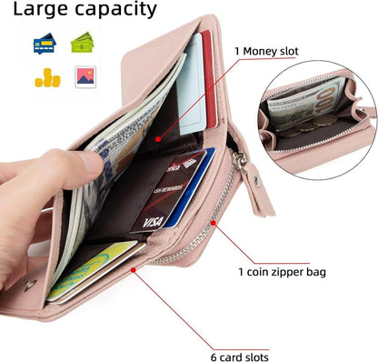 CHAOFANXI Damen Geldbörse Trifold Leder Brieftasche 6 Kartenfächer Münzfach Rosa