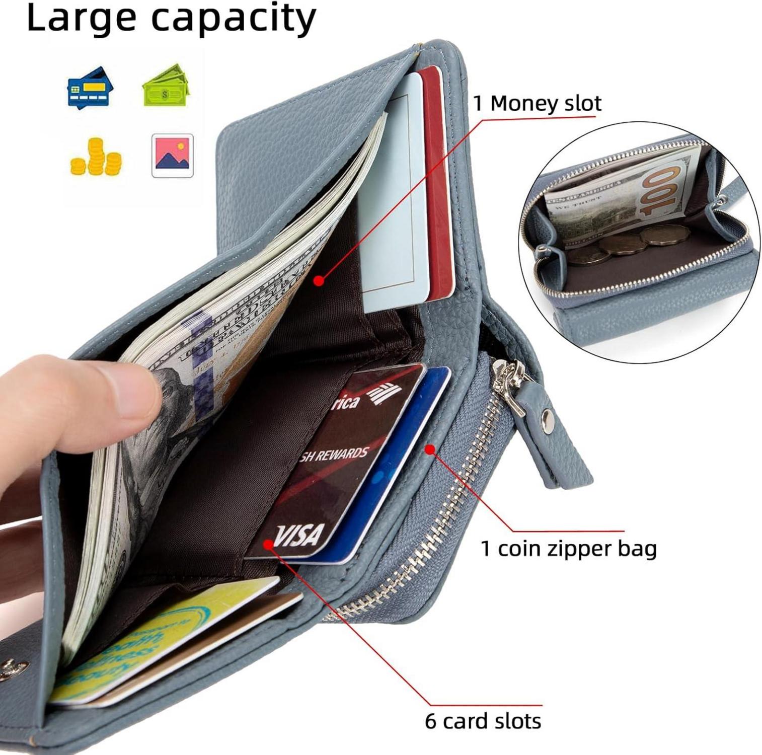 Damen Geldbörse mit Trifold Design, Leder, 6 Kartenfächer, Blau