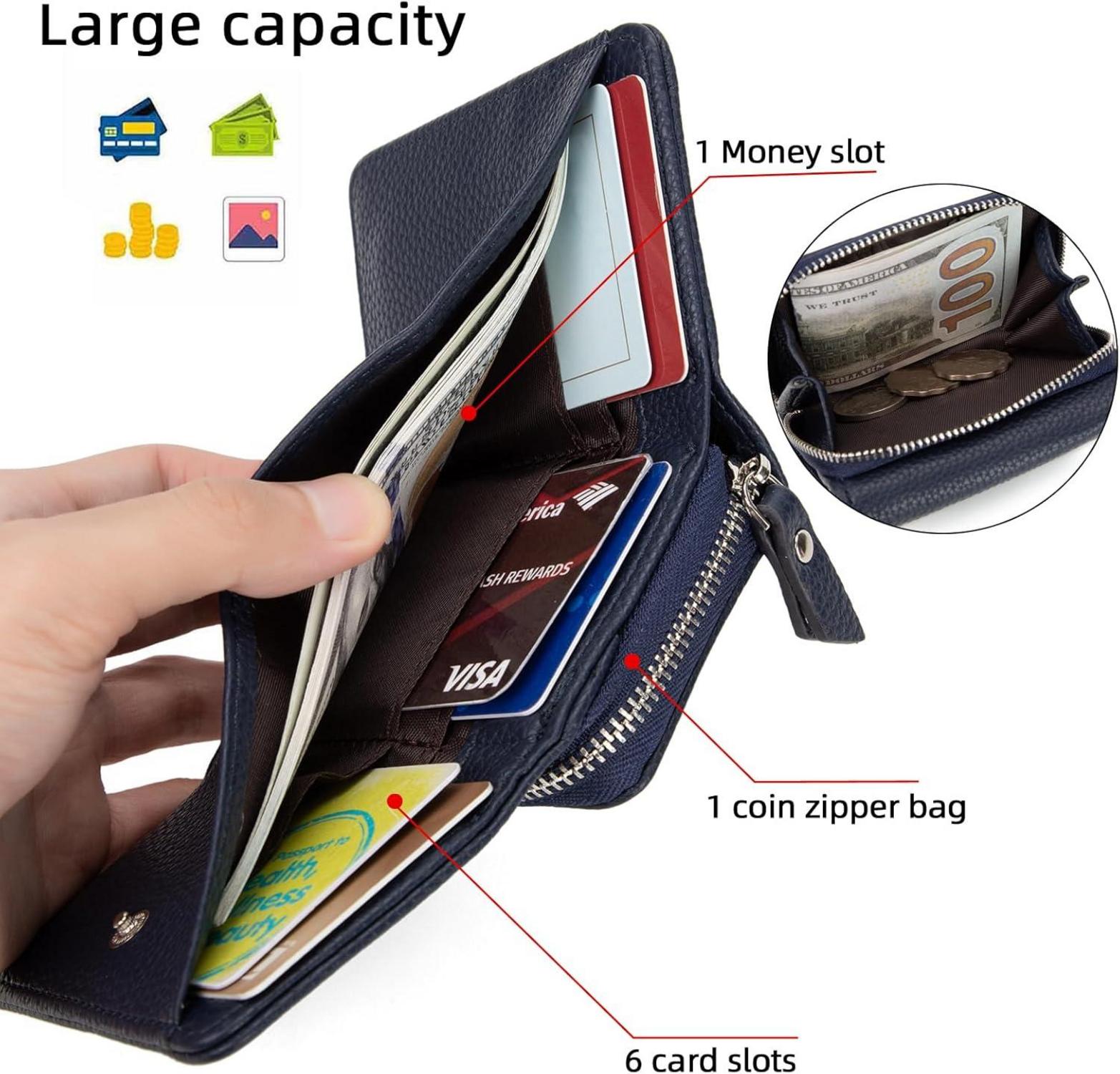 Damen Geldbörse Trifold Marineblau Leder mit 6 Kartenfächern