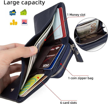 Damen Geldbörse Trifold Marineblau Leder mit 6 Kartenfächern