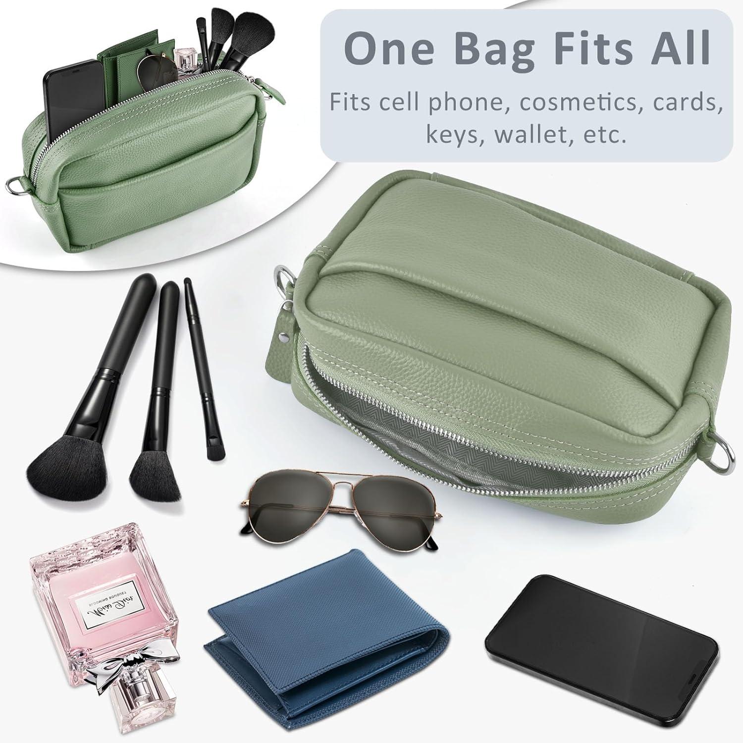 Handy Umhängetasche Echtes Leder Crossbody mit Kartenhalter Schwarz Damen Kleine Tasche 3 Fächer